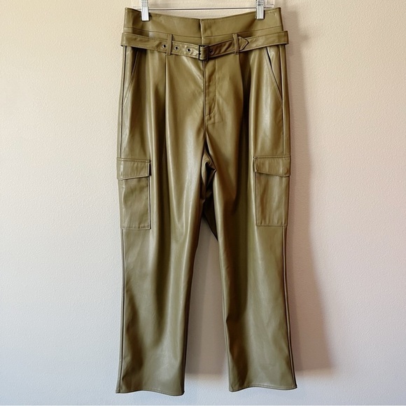 PAIGE Jeans NEW Tesse Faux Leather Utility Pants Army Green Cargo Pockets Size 8 - Picture 6 of 16